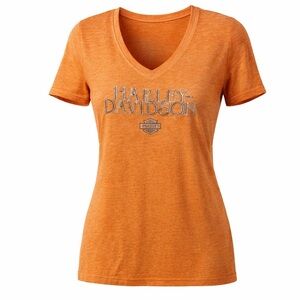 Harley-Davidson Bravado Women’s Orange Embellished V-Neck Tee. Sz L